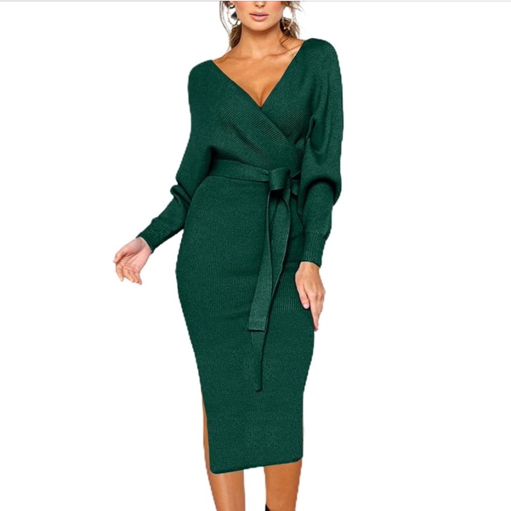 Cherfly Women's V Neck Sweater Dresses Batwing Long Sleeve Backless XL - NWT